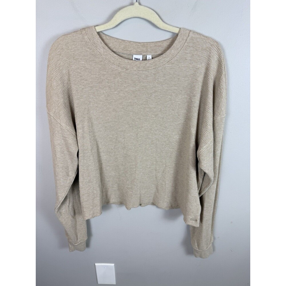 Aritzia TNA Waffle Knit Top Long Sleeve Tan Large Oversized Lounge Crew Neck
